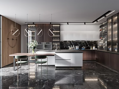 Sleek Modern Kitchen Interior With Island Counter Dark Cabinets And Pendant Lights 3d model