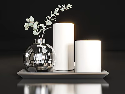 Silver Spherical Vase With Green Leaf Plant And White Candles On Tray Decorative Ornament Set 3d model