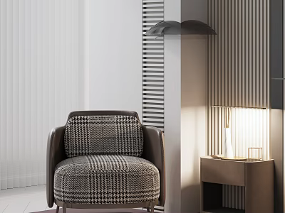 Plush Checkered Accent Chair With Wooden Side Table And Table Lamp In Modern Interior 3d model