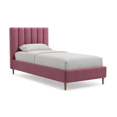 Single Bed with Pink Upholstered Headboard Vertical Tufted Design White Mattress and Wooden Legs 3d model