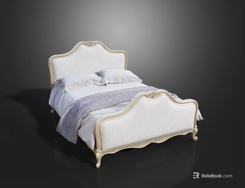 Elegant Double Bed With White Carved Frame Upholstered Headboard And Striped Bedding 3d model 