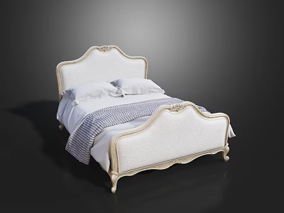 Elegant Double Bed With White Carved Frame Upholstered Headboard And Striped Bedding 3d model