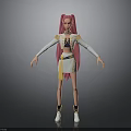 Woman With Pink Long Hair White Top Yellow Accents White Skirt And White Boots