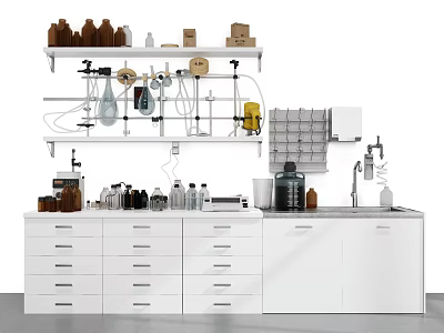 White Functional Worktable with Shelves Drawers Bottles Boxes and Lab Instruments 3d model