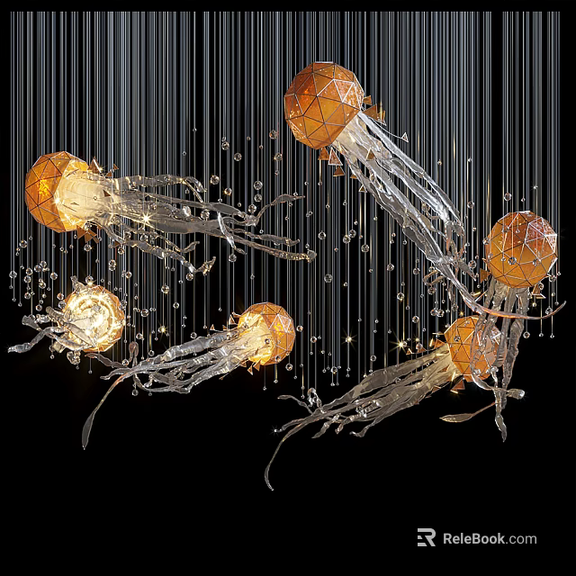 Jellyfish Shaped Unique Chandelier With Glass Elements Illuminated Spheres And Dangling Strings 3d model