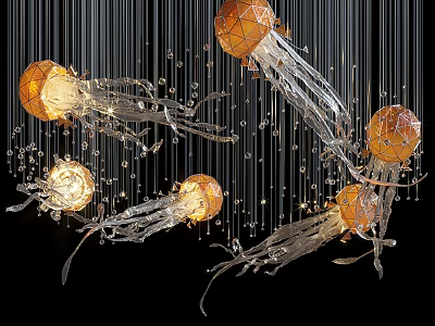 Jellyfish Shaped Unique Chandelier With Glass Elements Illuminated Spheres And Dangling Strings 3d model