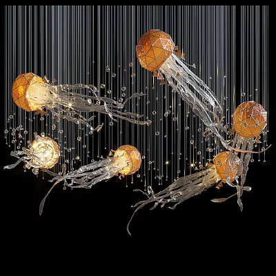 Jellyfish Shaped Unique Chandelier With Glass Elements Illuminated Spheres And Dangling Strings 3d model