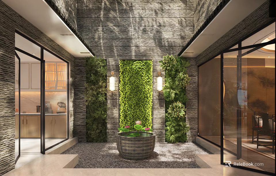Modern Basement Interior With Vertical Greenery Living Wall And Planter 3d model 