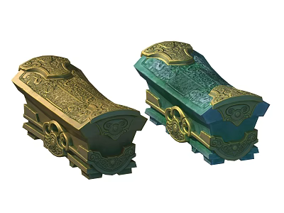 Ornate Decorative Coffins With Gold Green Accents And Intricate Carvings On Wheel Bases 3d model