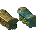 Ornate Decorative Coffins With Gold Green Accents And Intricate Carvings On Wheel Bases
