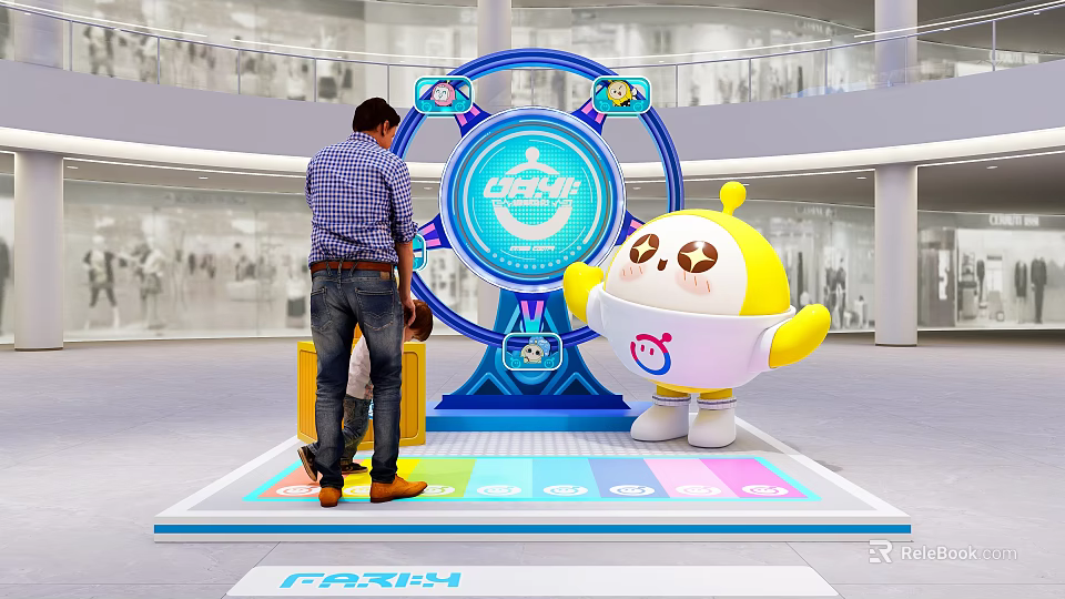 Interactive Zone Featuring Mascot Character And Person Interacting On Colorful Floor 3d model 