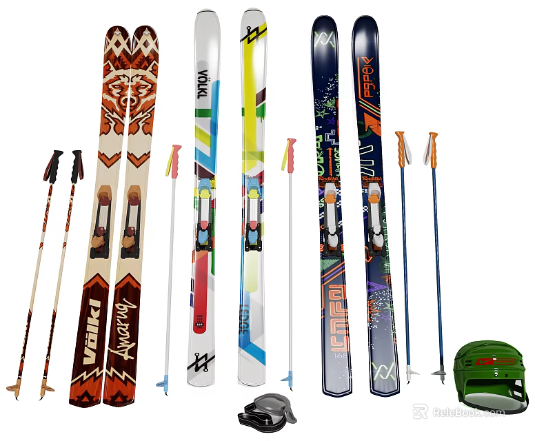 Ski Sports Equipment Featuring Various Colorful Skis Ski Poles Helmet And Backpack 3d model 