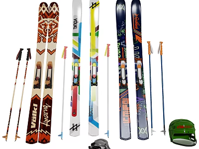 Ski Sports Equipment Featuring Various Colorful Skis Ski Poles Helmet And Backpack 3d model