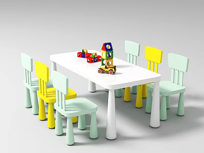 White Kids Table with Yellow and Light Green Chairs and Colorful Building Blocks Toys 3d model