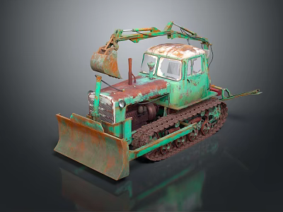 Old Rusty Green Tracked Excavator Featuring Metal Bucket And Vintage Cab 3d model