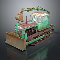 Old Rusty Green Tracked Excavator Featuring Metal Bucket And Vintage Cab