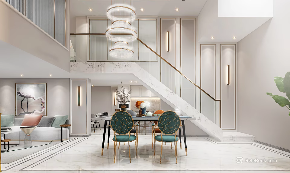 Modern Duplex Living Room Interior With Glass Railing Staircase And Hanging Chandelier 3d model 