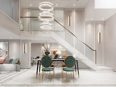 Modern Duplex Living Room Interior With Glass Railing Staircase And Hanging Chandelier 3d model