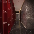 Luxury Clubhouse Interior With Elevators Golden Accents Marble Flooring And Dark Walls