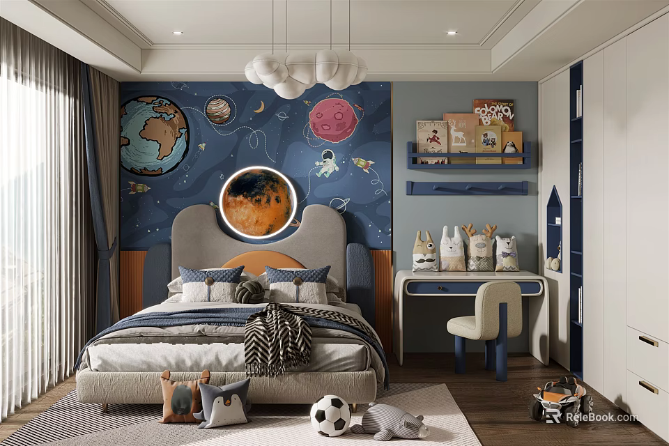 Space Themed Kids Room Design With Starry Wall Mural Bed Desk Shelves And Toys 3d model 