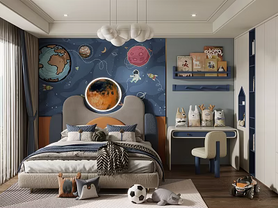 Space Themed Kids Room Design With Starry Wall Mural Bed Desk Shelves And Toys 3d model