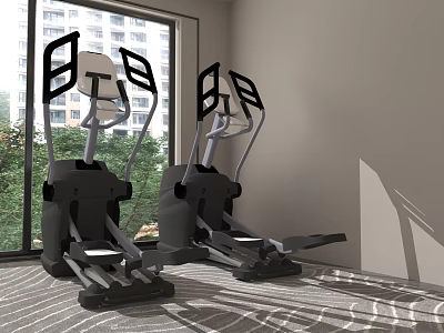 Recreation Area With Elliptical Machines Large Windows View Of Trees And Buildings Patterned Carpet Interior 3d model