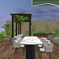 Roof Terrace Garden With Wooden Deck Marble Dining Table White Chairs Pergola And Greenery