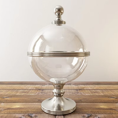 Ceramic Vessel With Transparent Surface And Silver Metal Trim On Wooden Tabletop White Backdrop 3d model