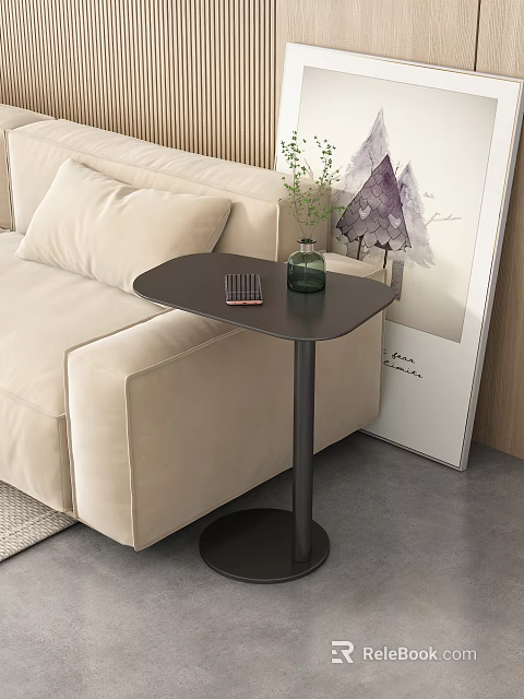 Stylish Side Table Next To Beige Sofa With Green Vase And Remote Control 3d model 