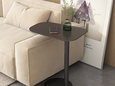 Stylish Side Table Next To Beige Sofa With Green Vase And Remote Control 3d model