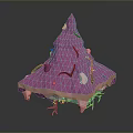 Low Poly 3D Structure With Pink Spiked Top Blue Layered Base And Black Lines