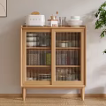 Minimalist Wooden Sideboard With Glass Doors And Top Decorative Items Near Green Plant