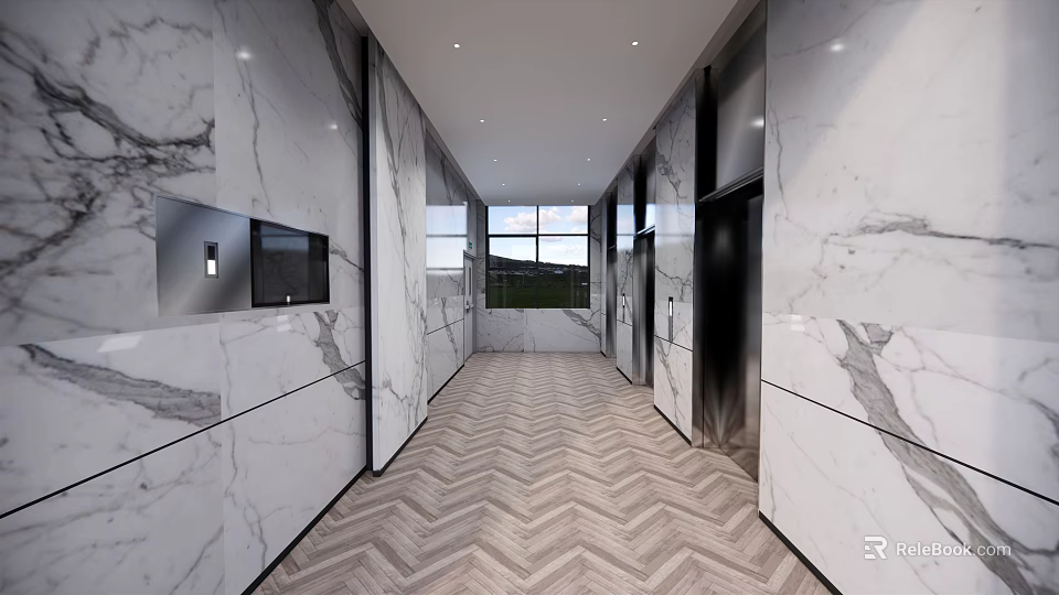Modern Elevator Hallway With Marble Walls Herringbone Flooring Elevator Doors And Lighting 3d model