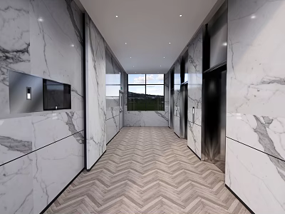Modern Elevator Hallway With Marble Walls Herringbone Flooring Elevator Doors And Lighting 3d model