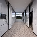 Modern Elevator Hallway With Marble Walls Herringbone Flooring Elevator Doors And Lighting 3d model