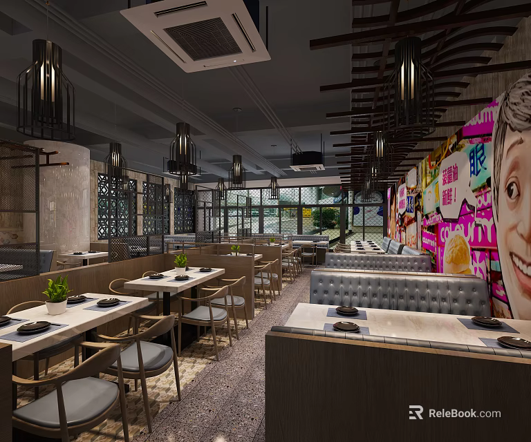 Modern Restaurant Interior With Hanging Lamps Wooden Tables And Decorative Wall Art 3d model 