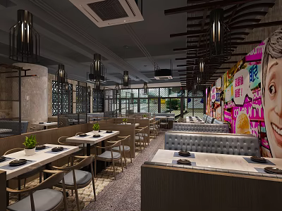 Modern Restaurant Interior With Hanging Lamps Wooden Tables And Decorative Wall Art 3d model
