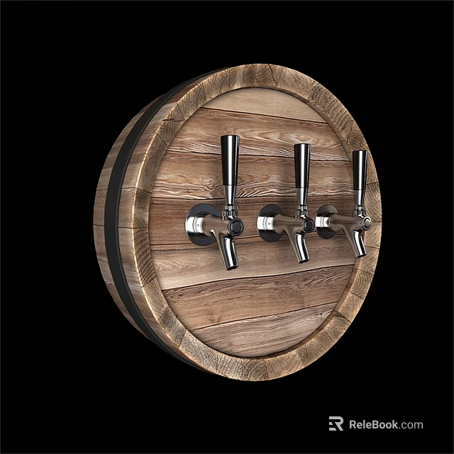 Wooden Barrel Shaped Wall Mounted Commercial Beverage Dispenser with Three Metal Taps 3d model 