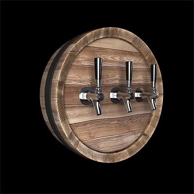 Wooden Barrel Shaped Wall Mounted Commercial Beverage Dispenser with Three Metal Taps 3d model
