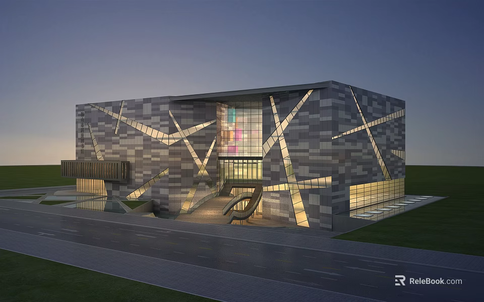 Modern Office Building With Geometric Exterior Glass Curtain Wall And Illuminated Design 3d model 