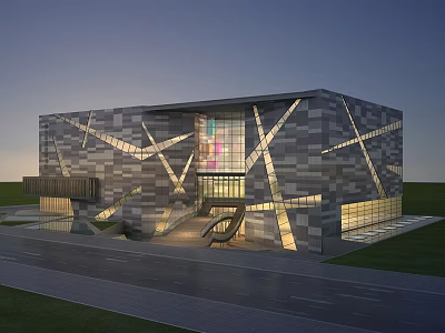 Modern Office Building With Geometric Exterior Glass Curtain Wall And Illuminated Design 3d model