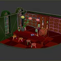 Bar Interior Scene With Red Counter Stools Yellow Pendant Lights Green Walls And Arched Windows