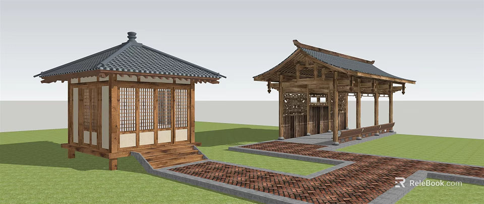Traditional Guesthouse Building with Classic Tile Roof Wooden Structure Lattice Windows and Brick Paved Courtyard 3d model 