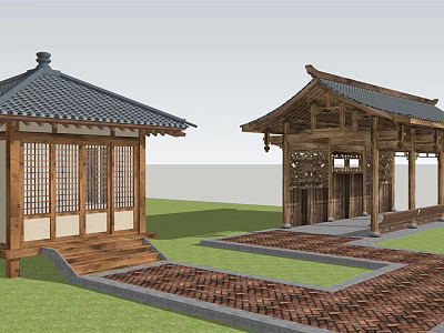 Traditional Guesthouse Building with Classic Tile Roof Wooden Structure Lattice Windows and Brick Paved Courtyard 3d model