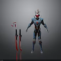 Futuristic Armored Character In Blue Red Suit With Two Swords And Red Accents
