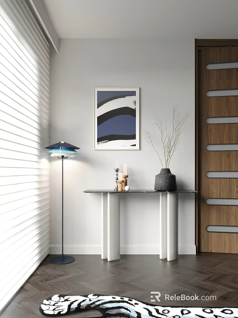 Modern Entryway Console Table Side Cabinet With Floor Lamp Framed Artwork And Vase 3d model