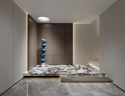 Modern Elegant Entrance Hall Interior With Marble Floor Wooden Cabinets And Blue Sculpture 3d model