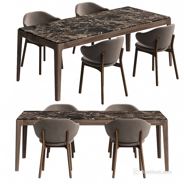Modern Minimalist Dining Table Set with Marble Tabletop Gray Chairs and Wooden Legs Design 3d model 