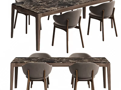Modern Minimalist Dining Table Set with Marble Tabletop Gray Chairs and Wooden Legs Design 3d model