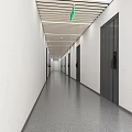 Elevator Hallway With Light Colored Walls Dark Doors Strip Ceiling And Green Exit Sign 3d model